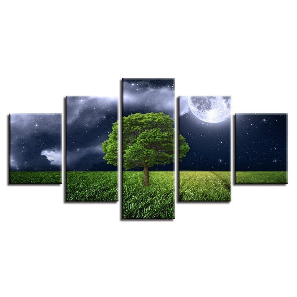 Moon Green Tree Landscape 5 Piece HD Multi Panel Canvas Wall Art Frame-Original Frame