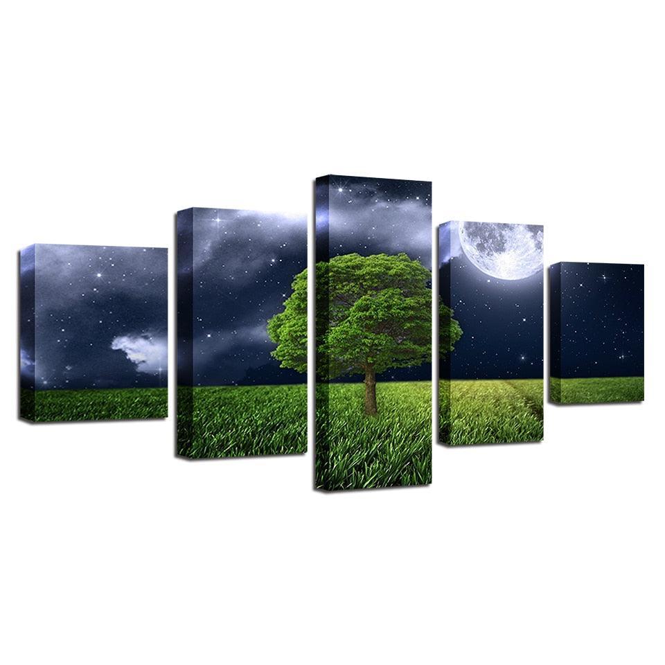 Moon Green Tree Landscape 5 Piece HD Multi Panel Canvas Wall Art Frame-Original Frame