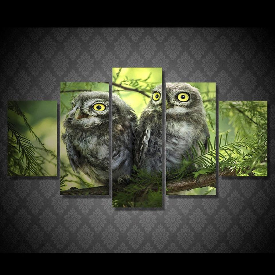 Owl Couple 5 Piece HD Multi Panel Canvas Wall Art Frame-Original Frame