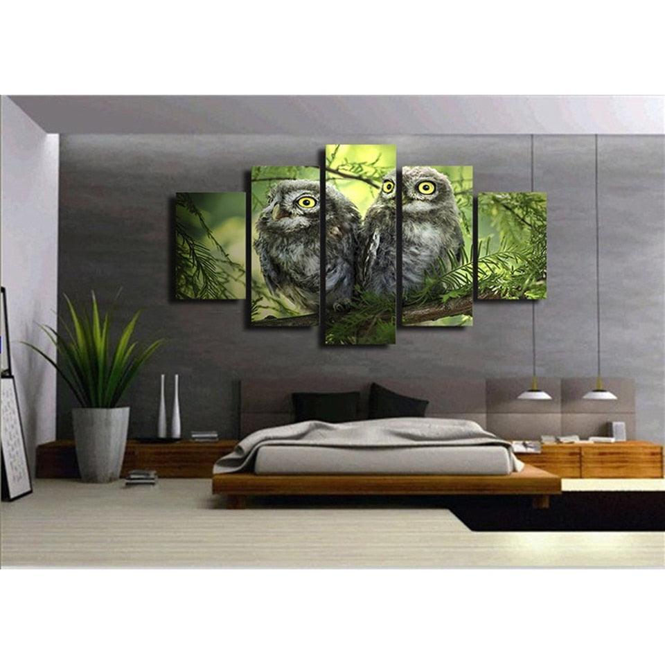 Owl Couple 5 Piece HD Multi Panel Canvas Wall Art Frame-Original Frame