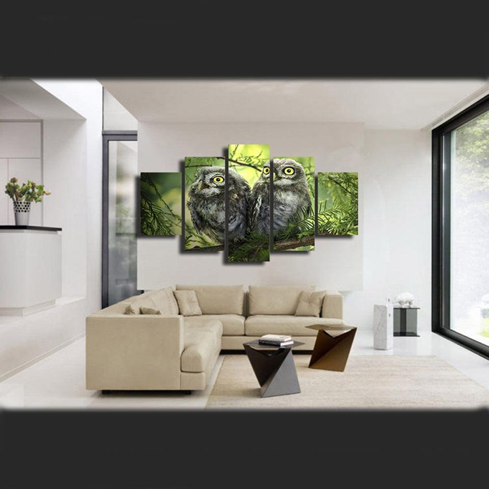 Owl Couple 5 Piece HD Multi Panel Canvas Wall Art Frame-Original Frame