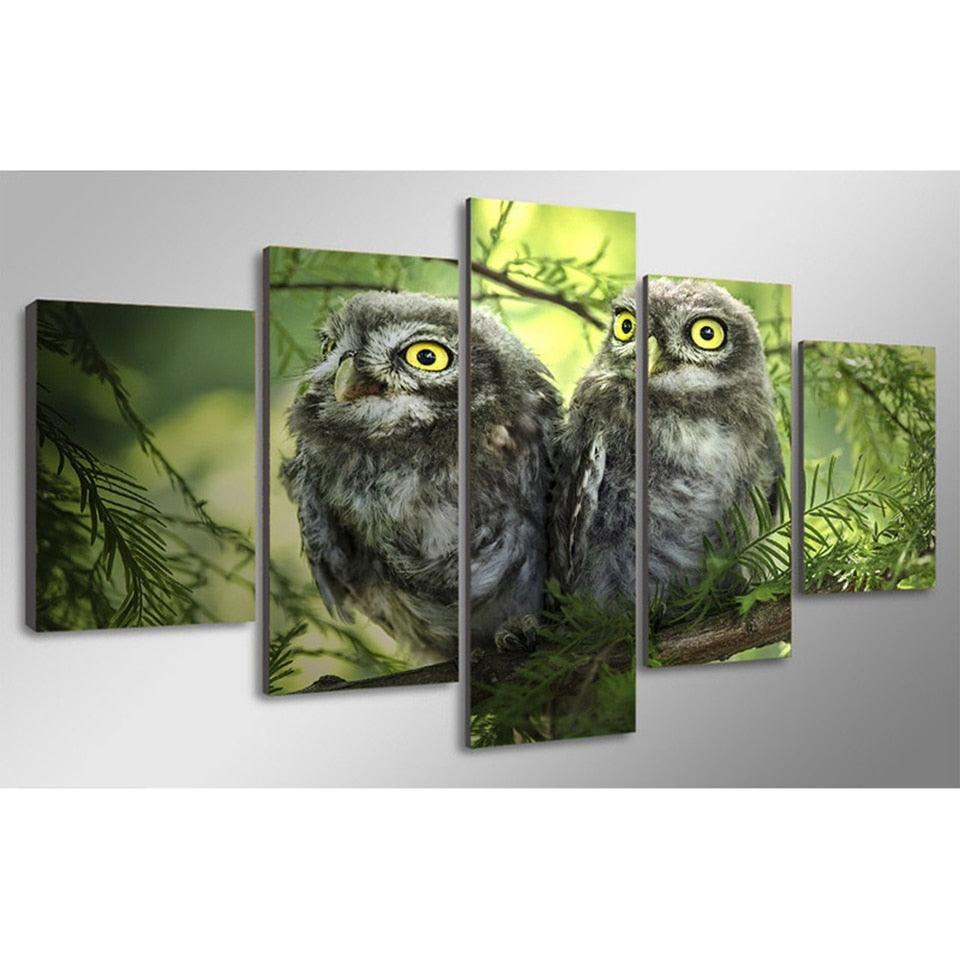 Owl Couple 5 Piece HD Multi Panel Canvas Wall Art Frame-Original Frame