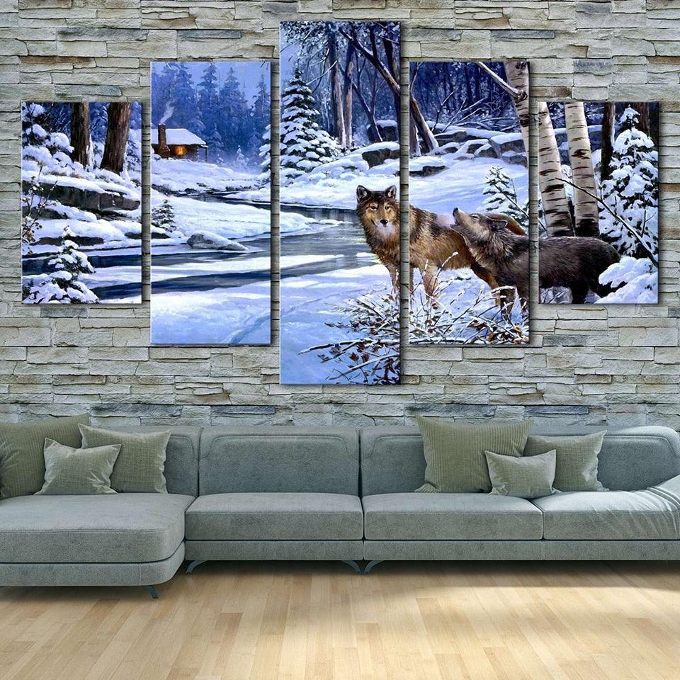 Animal Wolf Couple 5 Piece HD Multi Panel Canvas Wall Art Frame-Original Frame