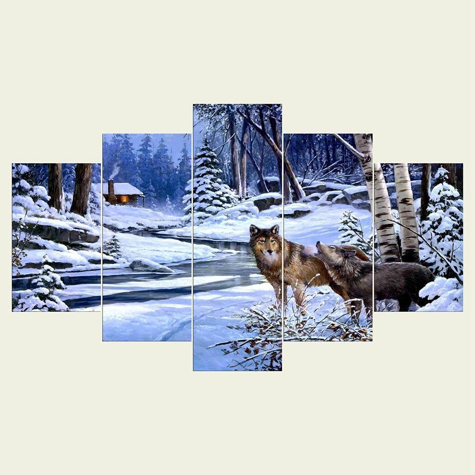 Animal Wolf Couple 5 Piece HD Multi Panel Canvas Wall Art Frame-Original Frame