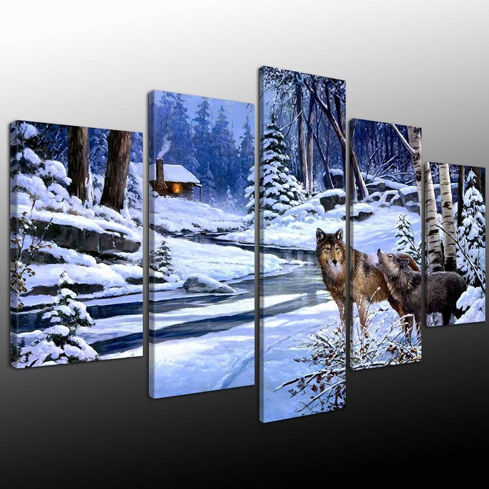 Animal Wolf Couple 5 Piece HD Multi Panel Canvas Wall Art Frame-Original Frame