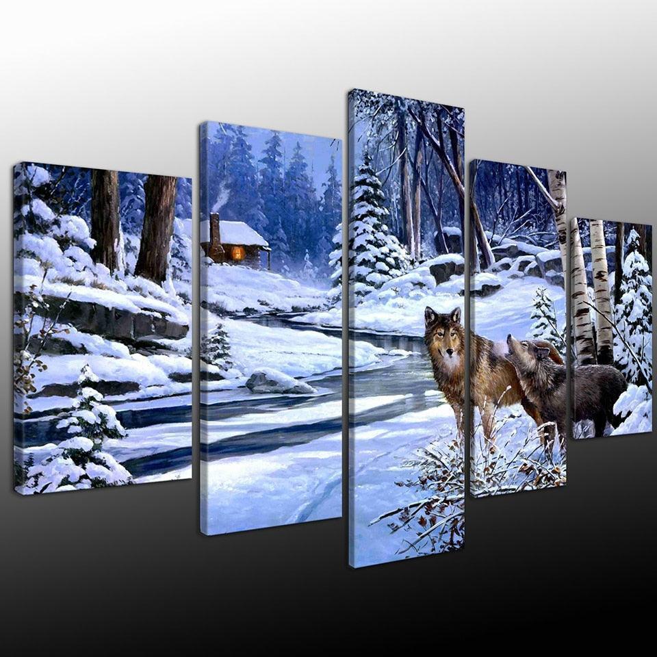 Animal Wolf Couple 5 Piece HD Multi Panel Canvas Wall Art Frame-Original Frame