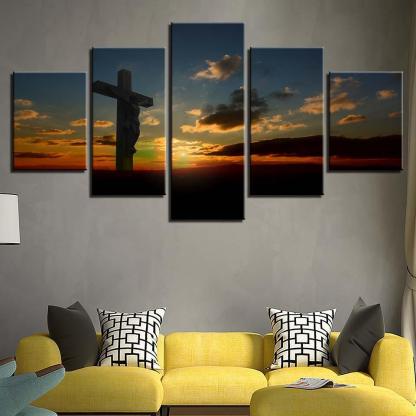 Sunset Cross Jesus Christ 5 Piece HD Multi Panel Canvas Wall Art Frame-Original Frame
