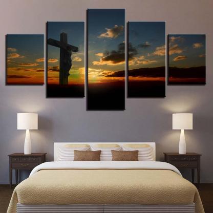 Sunset Cross Jesus Christ 5 Piece HD Multi Panel Canvas Wall Art Frame-Original Frame