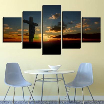 Sunset Cross Jesus Christ 5 Piece HD Multi Panel Canvas Wall Art Frame-Original Frame