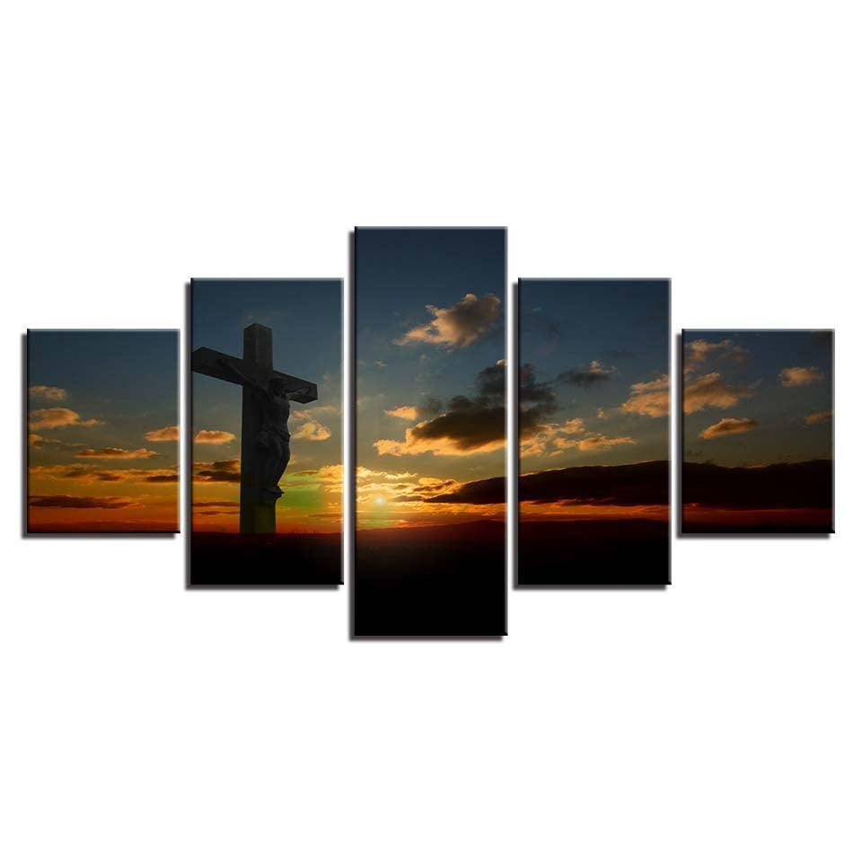 Sunset Cross Jesus Christ 5 Piece HD Multi Panel Canvas Wall Art Frame-Original Frame