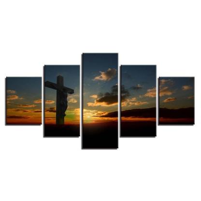 Sunset Cross Jesus Christ 5 Piece HD Multi Panel Canvas Wall Art Frame-Original Frame