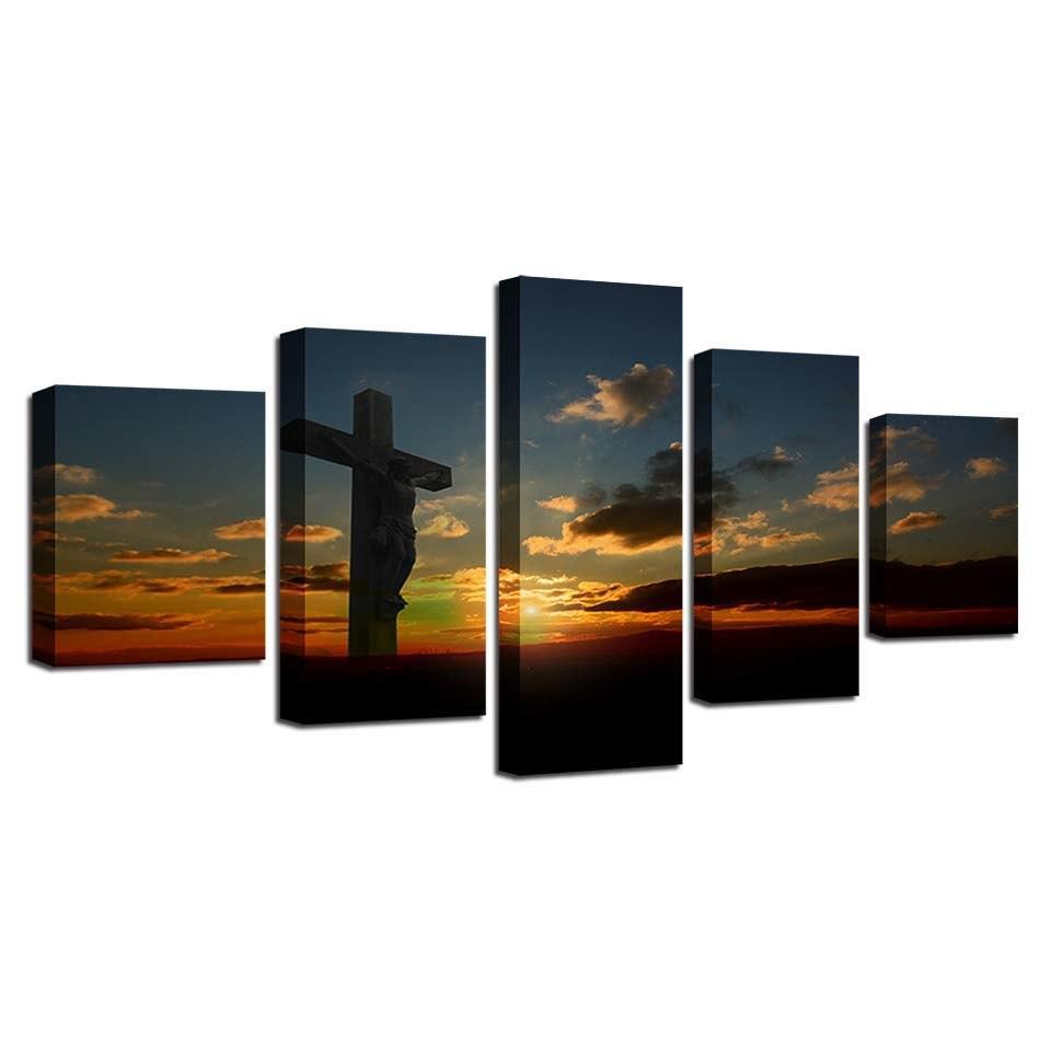 Sunset Cross Jesus Christ 5 Piece HD Multi Panel Canvas Wall Art Frame-Original Frame