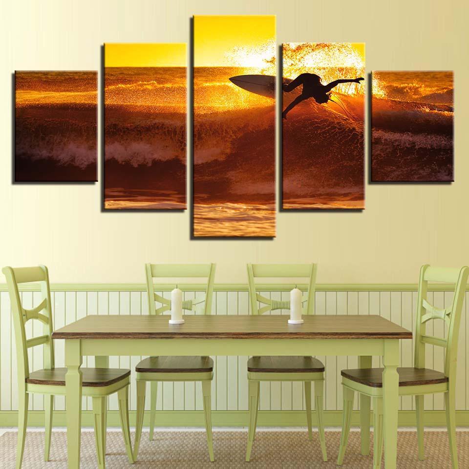 Sunset Surfing 5 Piece HD Multi Panel Canvas Wall Art Frame-Original Frame