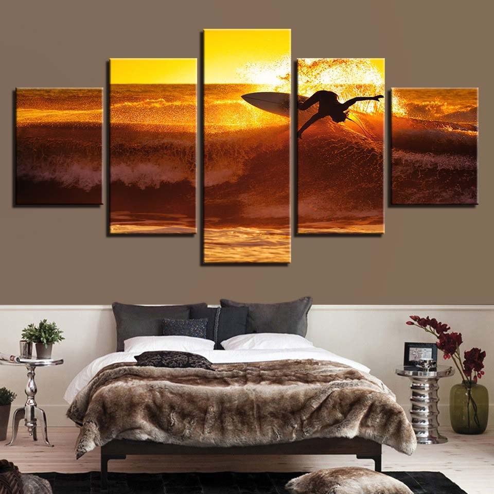 Sunset Surfing 5 Piece HD Multi Panel Canvas Wall Art Frame-Original Frame