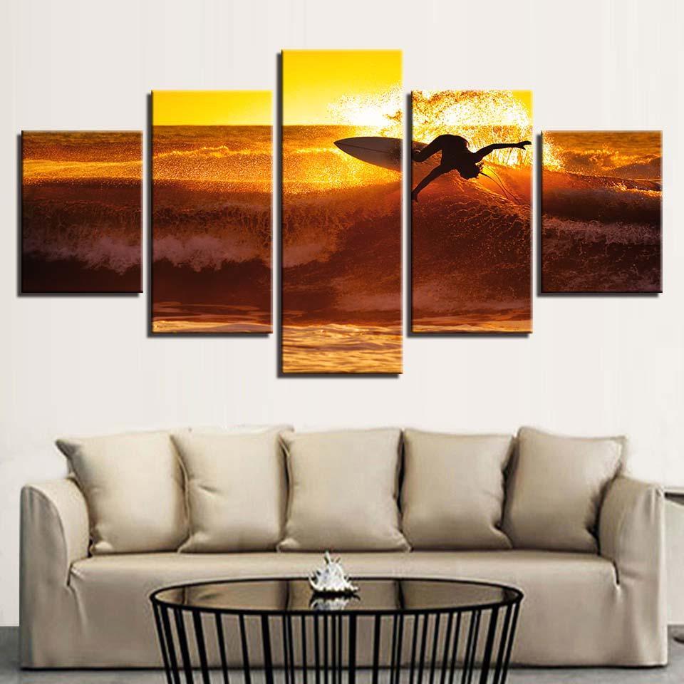 Sunset Surfing 5 Piece HD Multi Panel Canvas Wall Art Frame-Original Frame