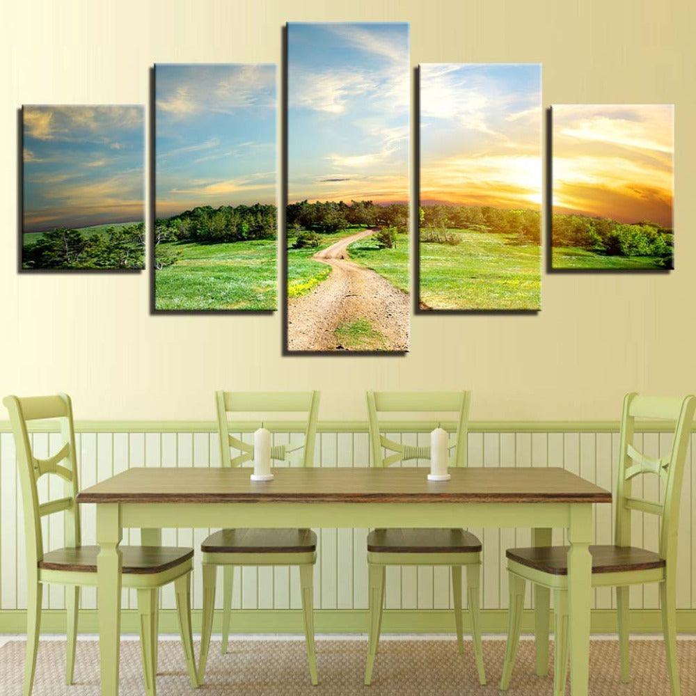 Trees And Sunset Landscape 5 Piece HD Multi Panel Canvas Wall Art-Original Frame