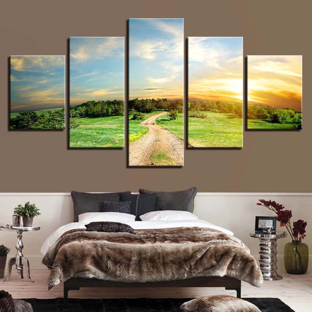 Trees And Sunset Landscape 5 Piece HD Multi Panel Canvas Wall Art-Original Frame
