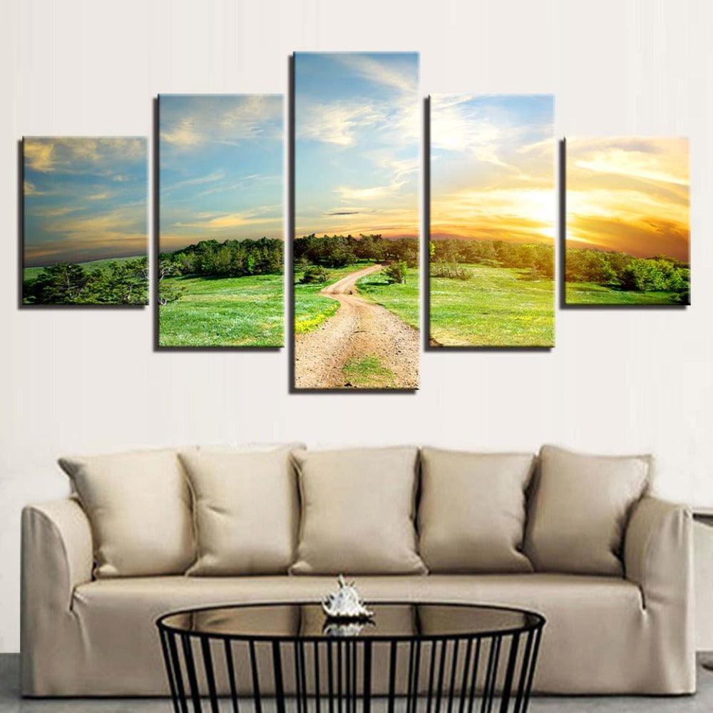 Trees And Sunset Landscape 5 Piece HD Multi Panel Canvas Wall Art-Original Frame