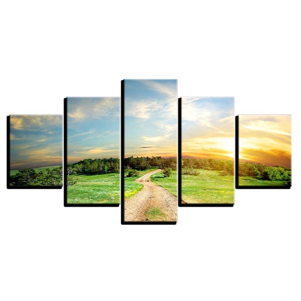 Trees And Sunset Landscape 5 Piece HD Multi Panel Canvas Wall Art-Original Frame
