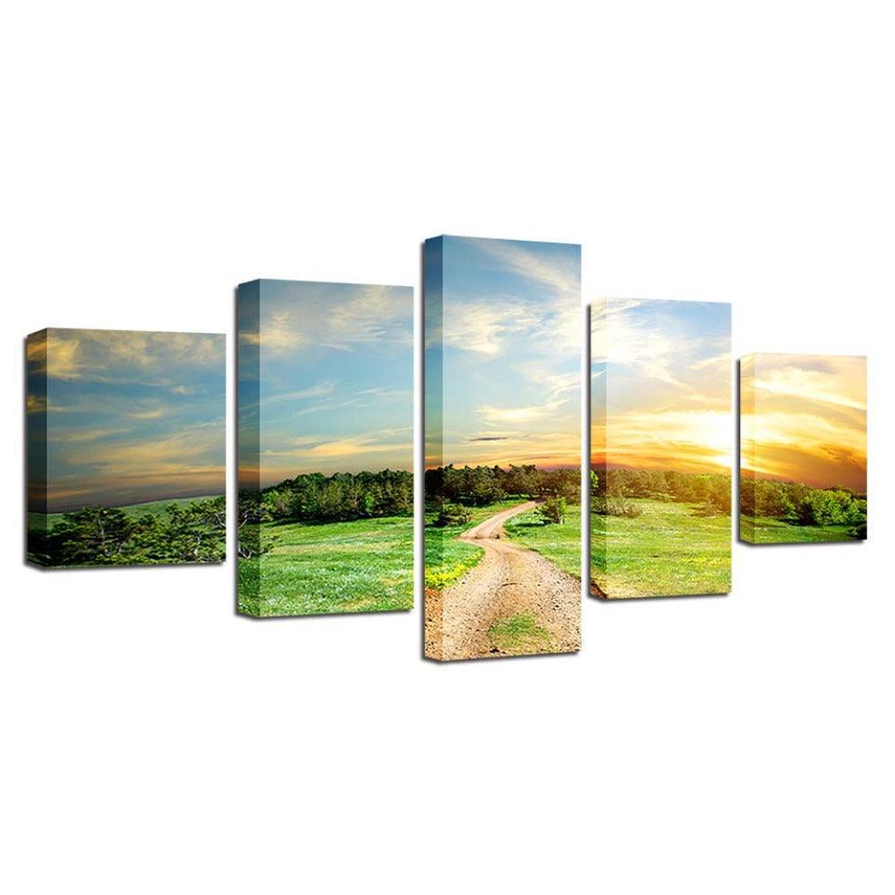 Trees And Sunset Landscape 5 Piece HD Multi Panel Canvas Wall Art-Original Frame