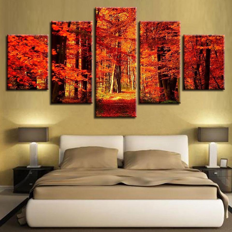 Autumn Forest 5 Piece HD Multi Panel Canvas Wall Art Frame-Original Frame