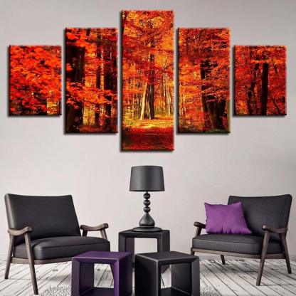 Autumn Forest 5 Piece HD Multi Panel Canvas Wall Art Frame-Original Frame