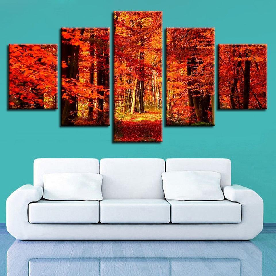 Autumn Forest 5 Piece HD Multi Panel Canvas Wall Art Frame-Original Frame