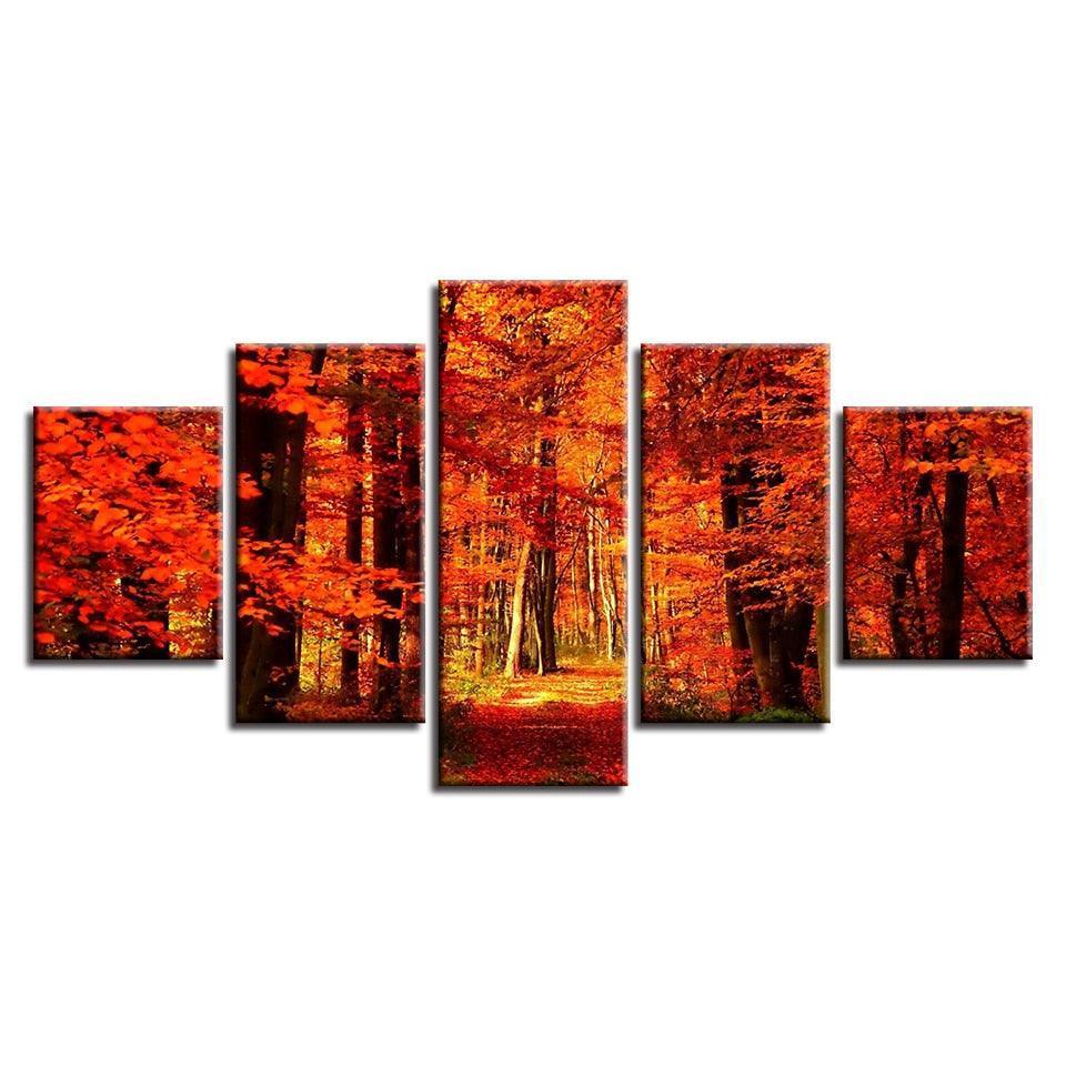 Autumn Forest 5 Piece HD Multi Panel Canvas Wall Art Frame-Original Frame