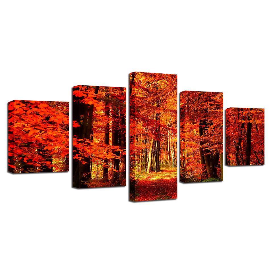 Autumn Forest 5 Piece HD Multi Panel Canvas Wall Art Frame-Original Frame