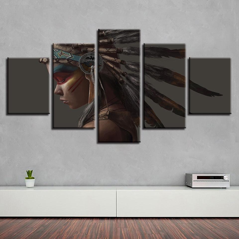 Native American Indian 5 Piece HD Multi Panel Canvas Wall Art Frame-Original Frame