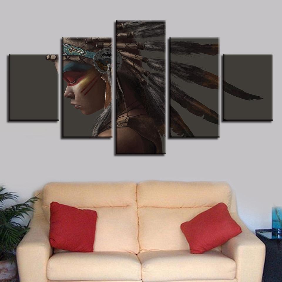 Native American Indian 5 Piece HD Multi Panel Canvas Wall Art Frame-Original Frame