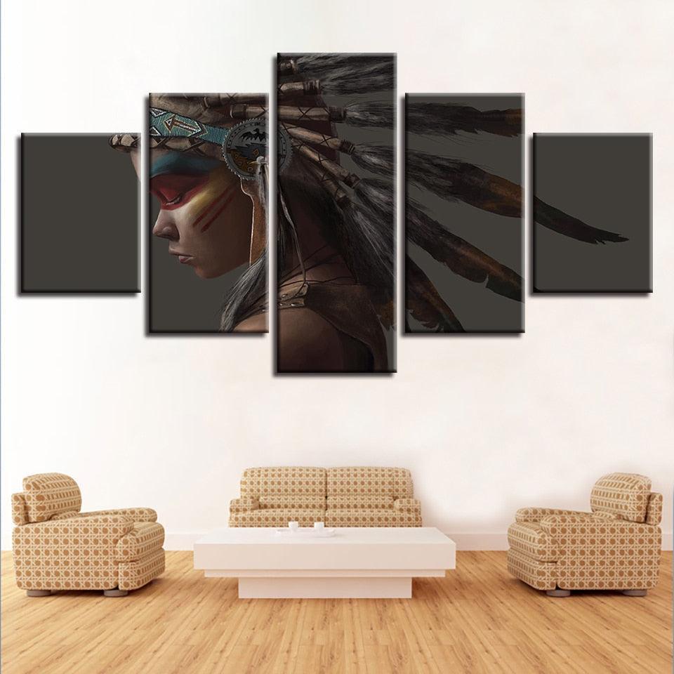 Native American Indian 5 Piece HD Multi Panel Canvas Wall Art Frame-Original Frame