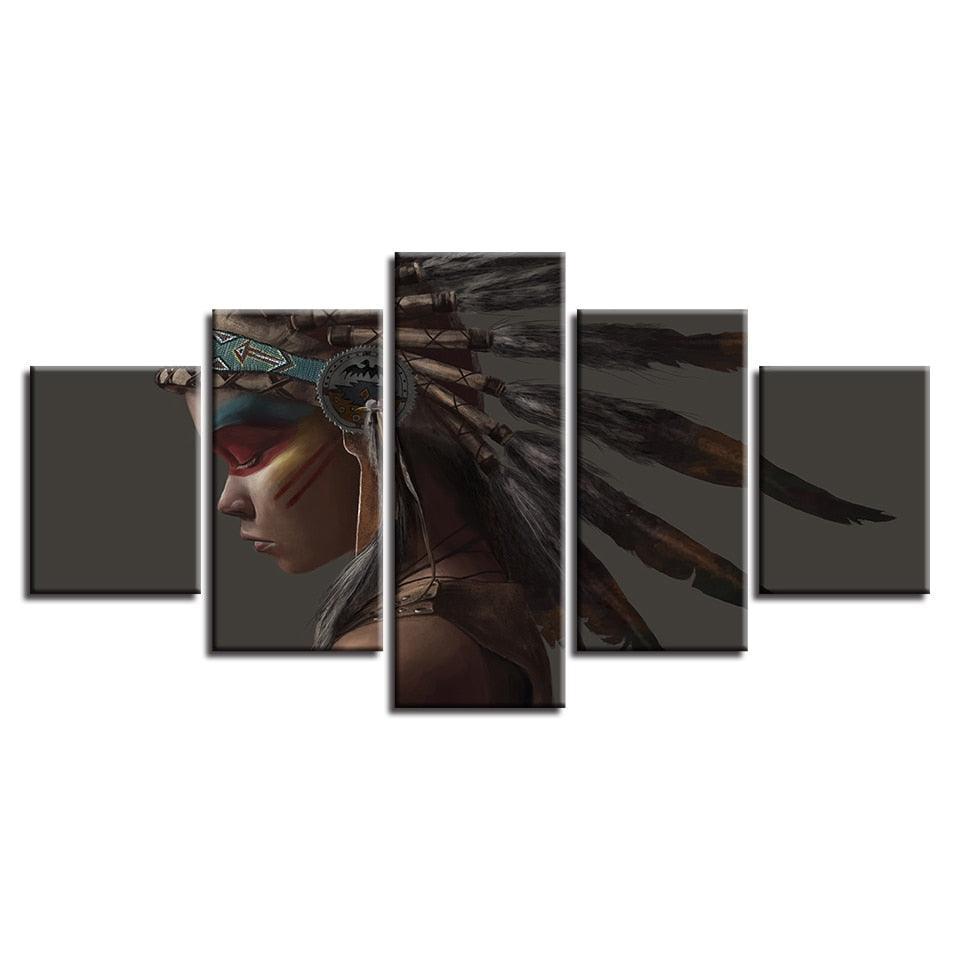 Native American Indian 5 Piece HD Multi Panel Canvas Wall Art Frame-Original Frame