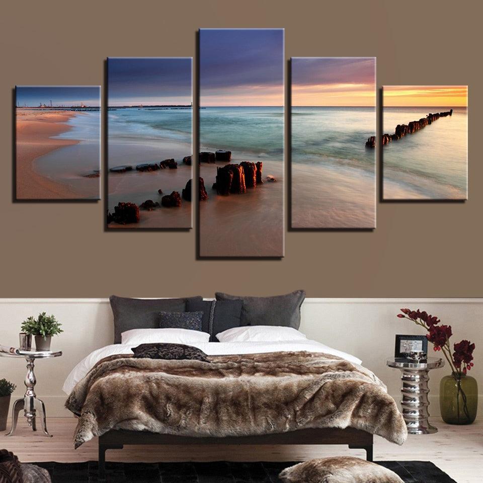 Sunshine Beach 5 Piece HD Multi Panel Canvas Wall Art Frame-Original Frame
