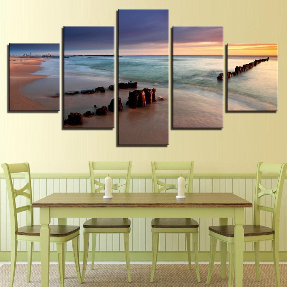 Sunshine Beach 5 Piece HD Multi Panel Canvas Wall Art Frame-Original Frame