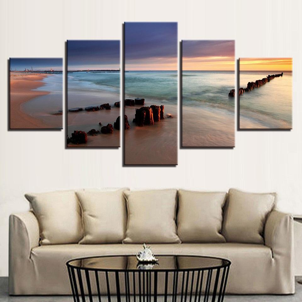 Sunshine Beach 5 Piece HD Multi Panel Canvas Wall Art Frame-Original Frame