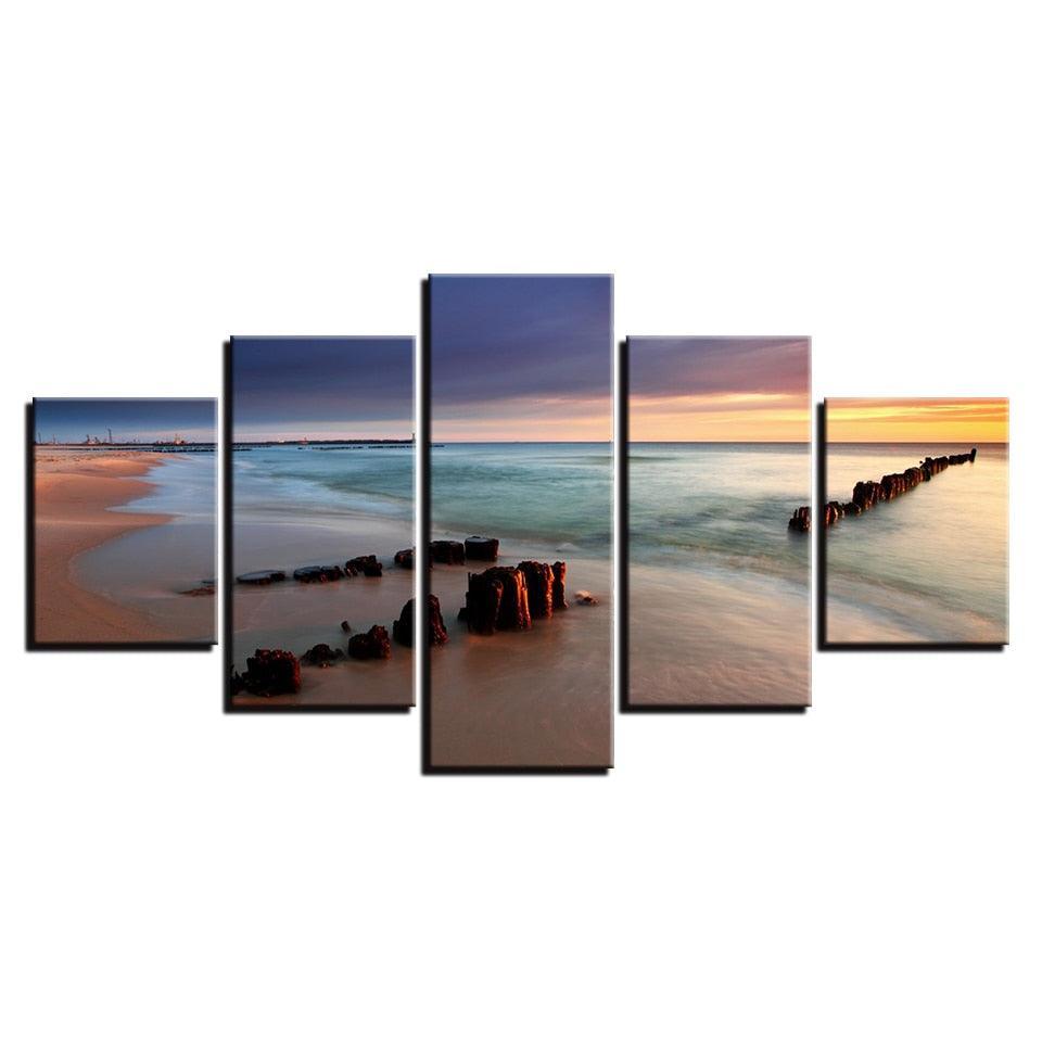 Sunshine Beach 5 Piece HD Multi Panel Canvas Wall Art Frame-Original Frame