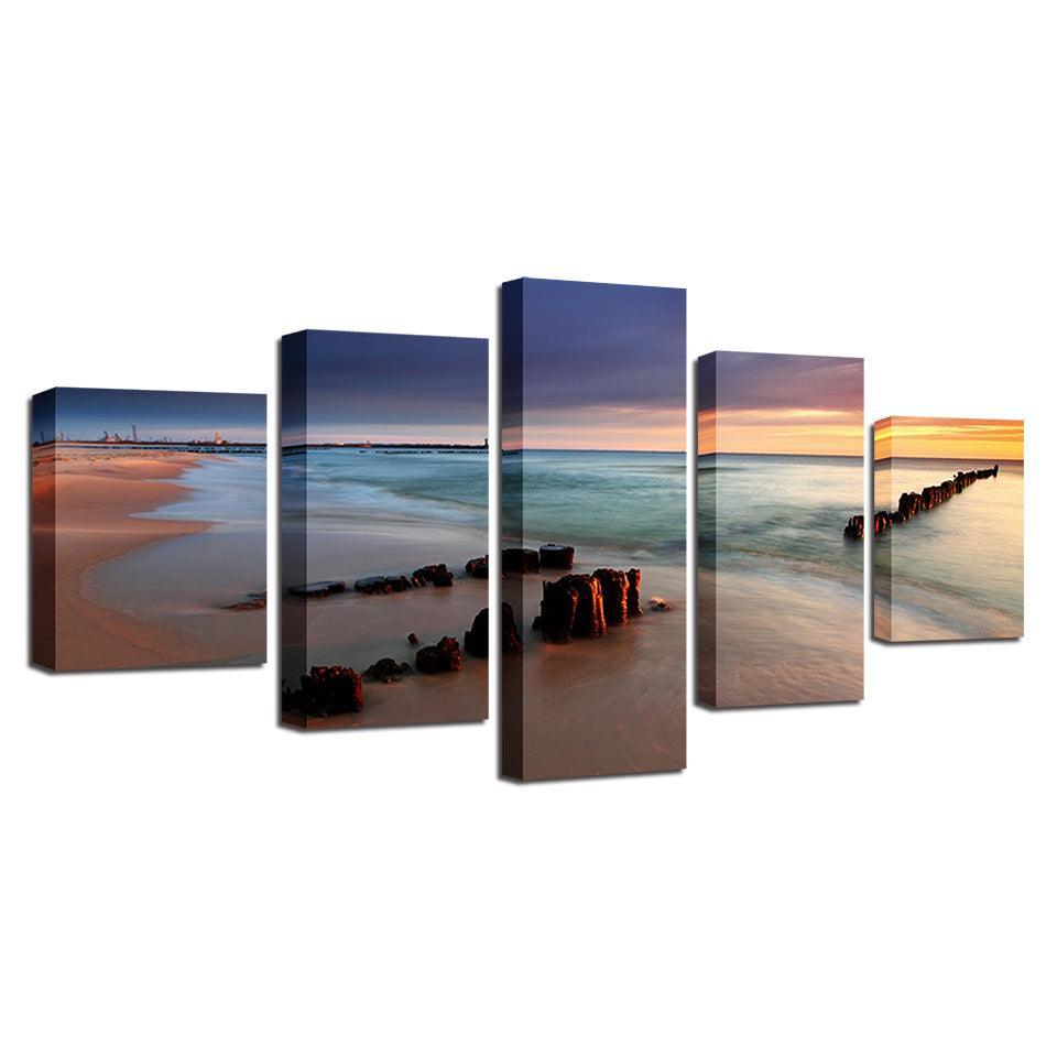 Sunshine Beach 5 Piece HD Multi Panel Canvas Wall Art Frame-Original Frame
