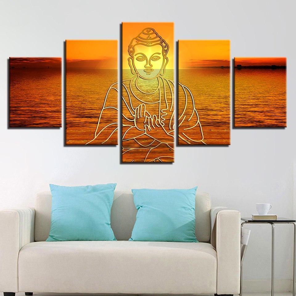 Buddha In Sunset 5 Piece HD Multi Panel Canvas Wall Art Frame-Original Frame