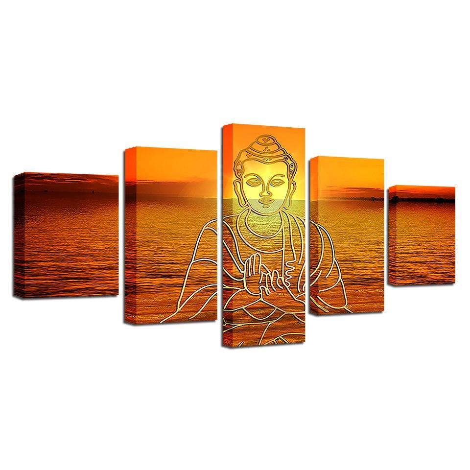 Buddha In Sunset 5 Piece HD Multi Panel Canvas Wall Art Frame-Original Frame
