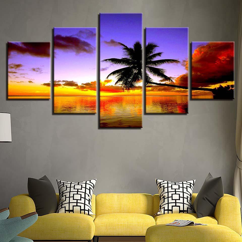 Coconut Trees Sunset 5 Piece HD Multi Panel Canvas Wall Art Frame-Original Frame