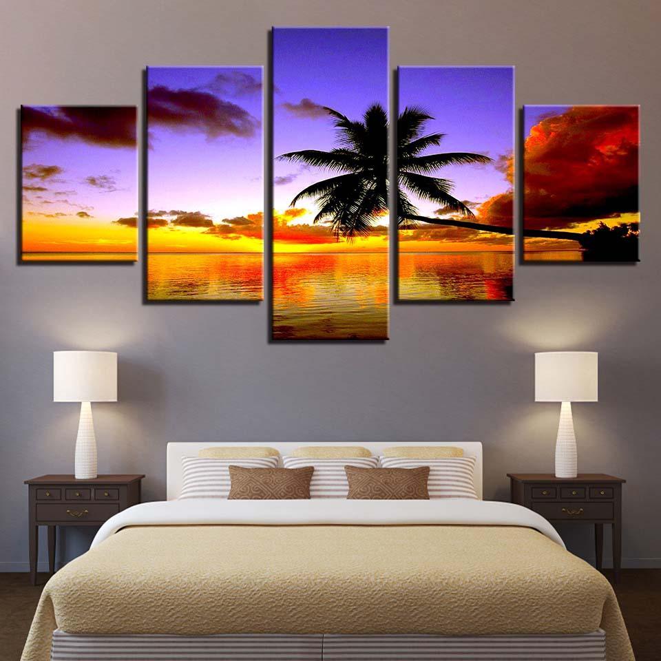Coconut Trees Sunset 5 Piece HD Multi Panel Canvas Wall Art Frame-Original Frame