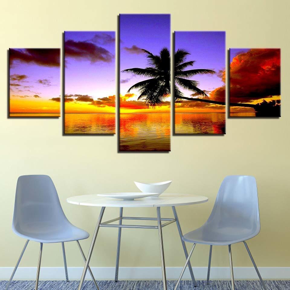 Coconut Trees Sunset 5 Piece HD Multi Panel Canvas Wall Art Frame-Original Frame