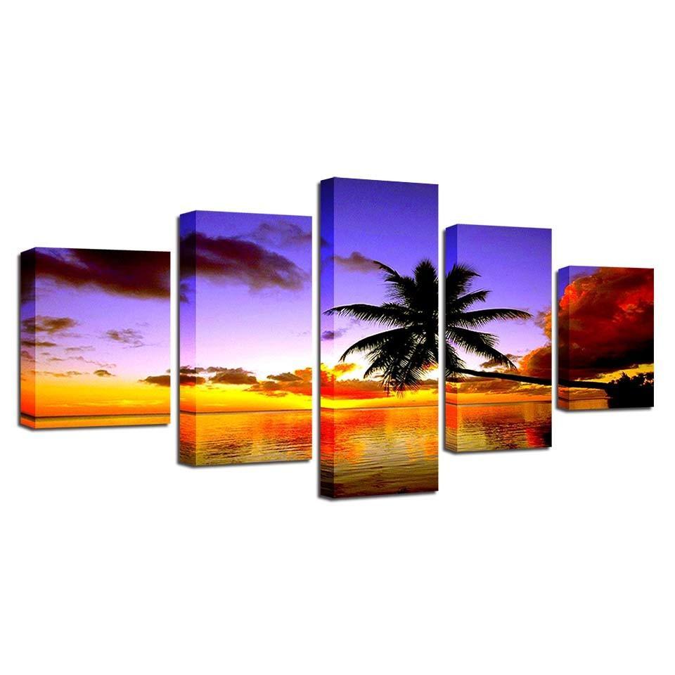 Coconut Trees Sunset 5 Piece HD Multi Panel Canvas Wall Art Frame-Original Frame