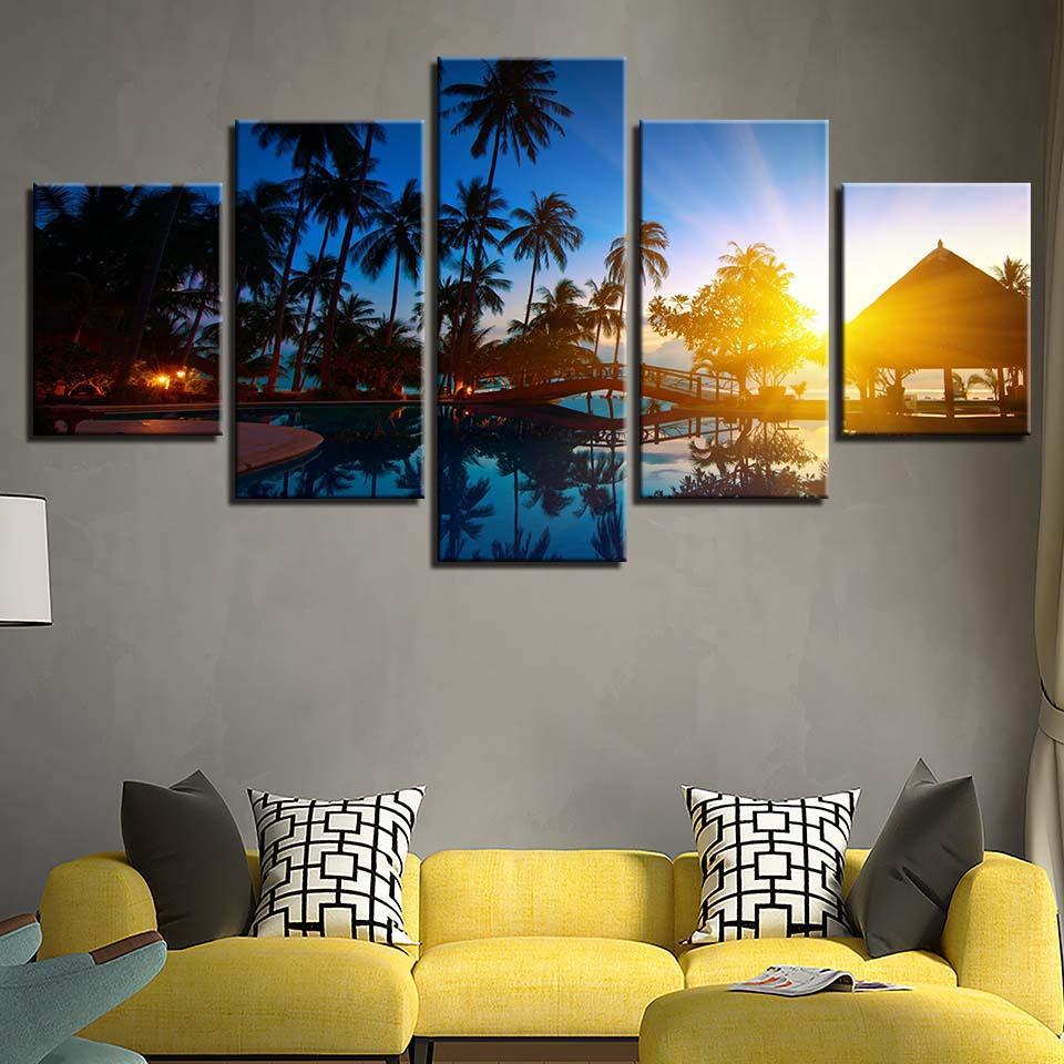 Coconut Trees And Sunset Seascape 5 Piece HD Multi Panel Canvas Wall Art Frame-Original Frame