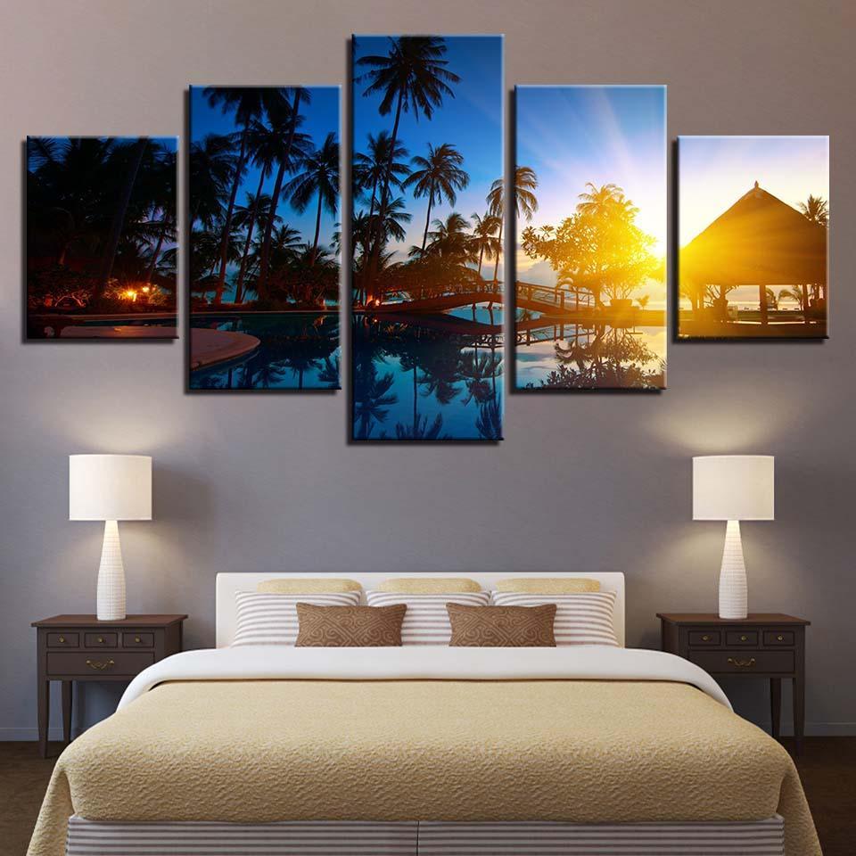 Coconut Trees And Sunset Seascape 5 Piece HD Multi Panel Canvas Wall Art Frame-Original Frame