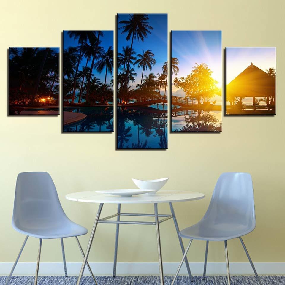Coconut Trees And Sunset Seascape 5 Piece HD Multi Panel Canvas Wall Art Frame-Original Frame