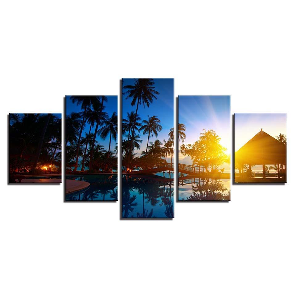 Coconut Trees And Sunset Seascape 5 Piece HD Multi Panel Canvas Wall Art Frame-Original Frame
