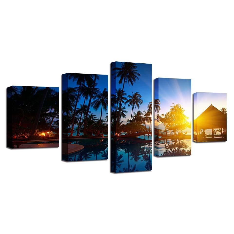 Coconut Trees And Sunset Seascape 5 Piece HD Multi Panel Canvas Wall Art Frame-Original Frame