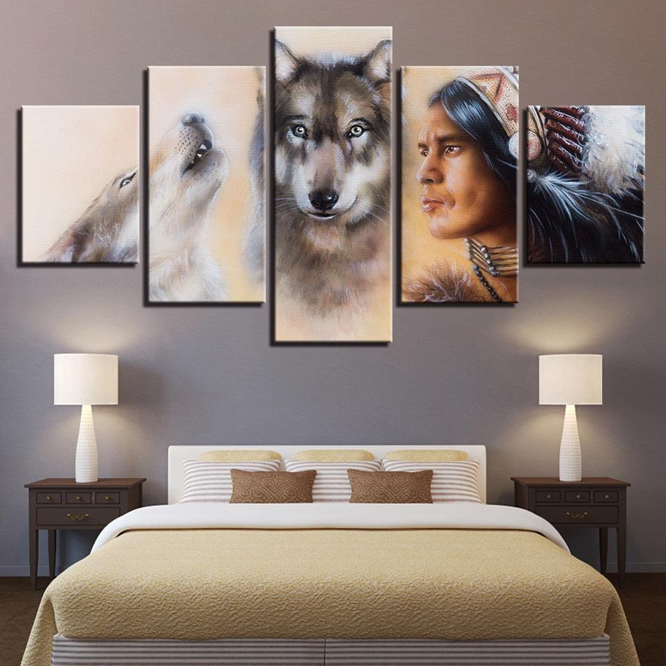 American Indian Native And Wolves 5 Piece HD Multi Panel Canvas Wall Art Frame-Original Frame